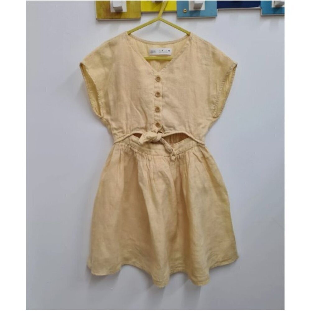 ZARA sz 11-12 years light yellow linen dress with front wait tie, button up